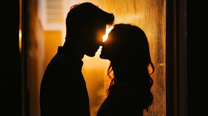 A romantic silhouette of a couple sharing a moment, backlit by a warm glow.