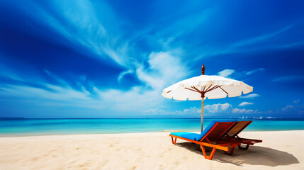 wood sunbed with white umbrella front turquoise and clear wide sea with sand on beach under blue sky white cloud on summer vacation holiday