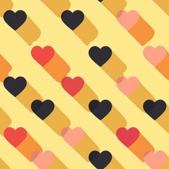 A cheerful Valentine's Day pattern featuring flat design heart symbols on a vibrant yellow background, showcasing a modern and beautiful color palette.