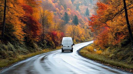 Wall Mural - White Van Driving on Winding Road Through Autumn Forest