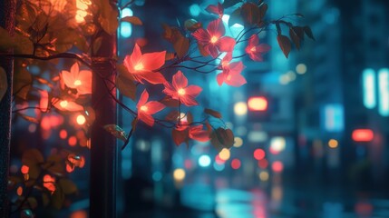 Poster - A vibrant nighttime scene with illuminated flowers, creating a dreamy urban atmosphere.