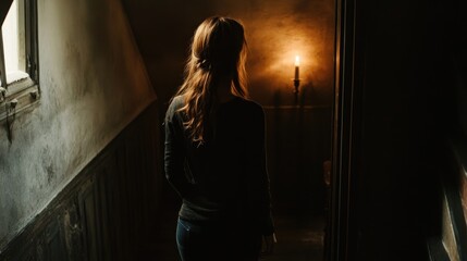 Canvas Print - A woman stands at the top of a dimly lit staircase, illuminated by a candle's glow.