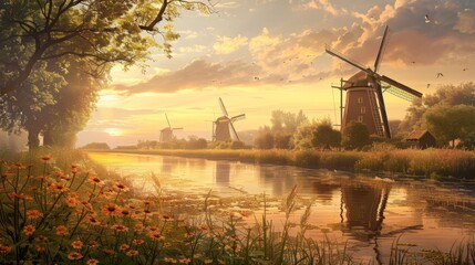 Autumn Sunset Reflecting on Peaceful Lakeside Windmill in Scenic Rural Countryside