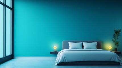 Wall Mural - Minimalist bedroom with a teal wall, a bed with white linens, and bedside lamps.