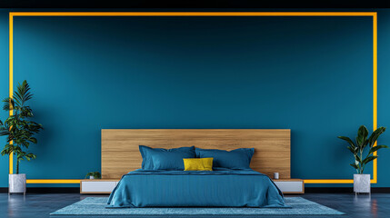 Poster - A modern bedroom with a teal wall, a wooden headboard, and a blue bedspread.