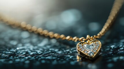 Wall Mural - A close-up of a gold necklace with a heart-shaped pendant adorned with sparkling stones.