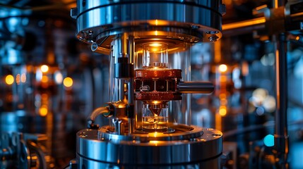 Close-up shot of a machine in a modern laboratory, showcasing intricate details of its construction. The machine's metal body and glass tubes create a sense of industrial sophistication.