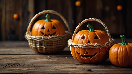 Pumpkin basket on old wood table, Halloween party concept