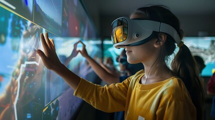 Poster - Young girl interacts with a virtual reality display, experiencing the immersive technology firsthand. The image captures the excitement and possibilities of VR in modern society.