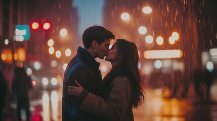 Wall Mural - A romantic couple kissing in the rain amidst a cityscape at night.