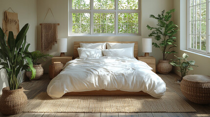 Canvas Print - A cozy bedroom with a large window and a bed with white linens.