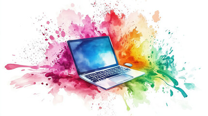 A colorful artistic splash background featuring a modern laptop, symbolizing creativity and technology in design.