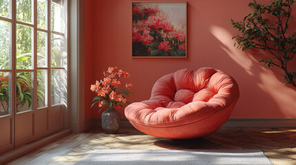 Poster - A cozy living room with a round chair, a vase of flowers and a framed picture of flowers.