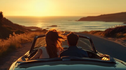 Canvas Print - A couple enjoys a scenic sunset drive along the coast in a convertible car.