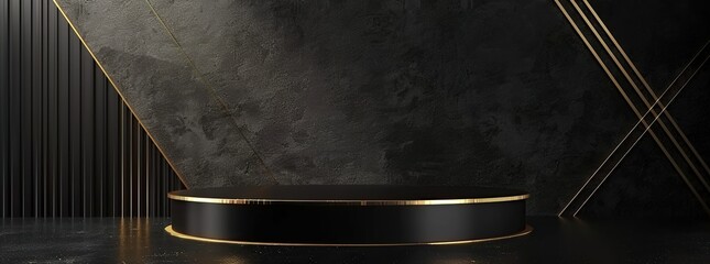 Wall Mural - podium with 3d studio stage pedestal on black and gold background.