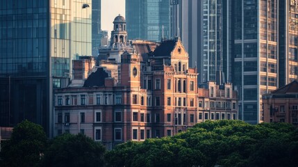 Wall Mural - Historic building amidst modern skyscrapers, showcasing architectural contrast.