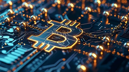 Poster - glowing bitcoin symbol sits on a circuit board, representing the digital currency and its technologi