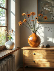 Wall Mural - A vase with bright orange flowers sits on a wooden dresser with a small window in the background.