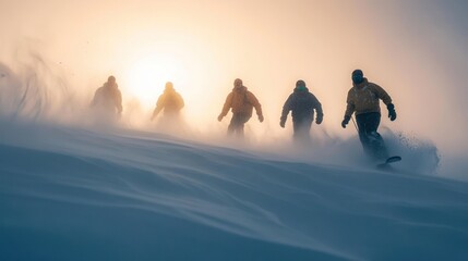 Canvas Print - A group of people walking through a snowy landscape with a bright sun in the background.