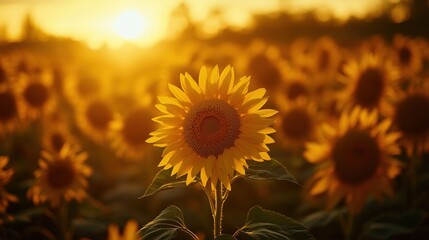 Wall Mural - A vibrant sunflower stands tall in a golden field at sunset, symbolizing beauty and warmth.