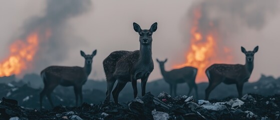 A wildlife scene with animals foraging in a heavily polluted area, impact of human activity on wildlife habitats