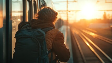 Poster - A traveler gazes out of a train window at a sunset, reflecting on the journey ahead.