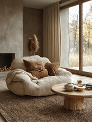 Canvas Print - Cozy living room with a large, plush armchair and a wooden coffee table.