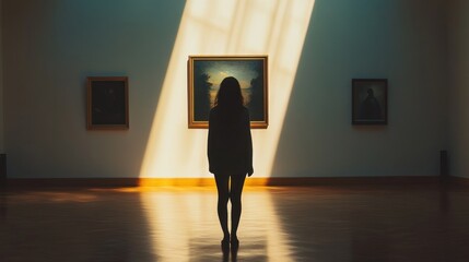 Poster - A silhouette stands in an art gallery, illuminated by a beam of light, gazing at a painting.