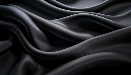 Elegant close-up of smooth black fabric draped in flowing folds, highlighting its soft texture and luxurious appearance.