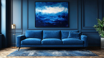 Poster - Blue velvet sofa in a living room with an abstract painting above it.