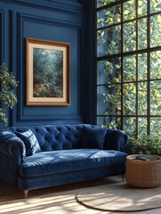 Wall Mural - Blue velvet sofa in a sunlit room with a framed landscape painting.