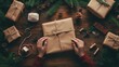 © Yevhen - Creative gift wrapping in craft paper on wooden table  a festive lifestyle from above