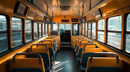 Poster - Interior view of a yellow school bus with empty seats and a driver's area.