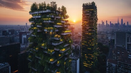 Wall Mural - Two modern skyscrapers covered in greenery at sunset, showcasing urban nature integration.