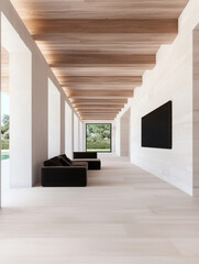 Canvas Print - Modern hallway with wooden beams and a large window.