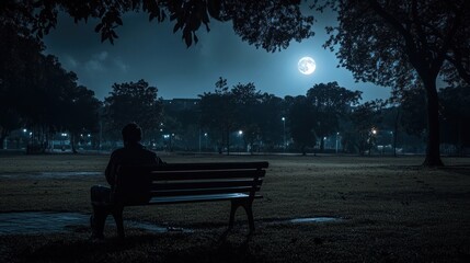 Canvas Print - A solitary figure sits on a bench under a bright moon in a tranquil park setting.