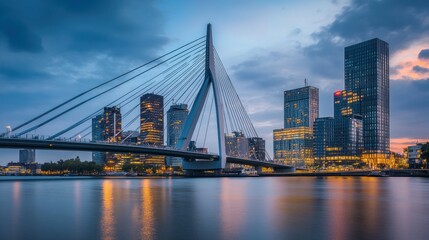 Canvas Print - A modern bridge spans a river, surrounded by skyscrapers at dusk, showcasing urban architecture.