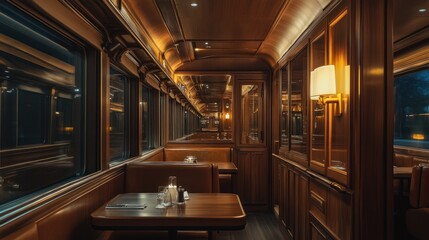 Canvas Print - Elegant dining area in a train with warm lighting and wooden decor.