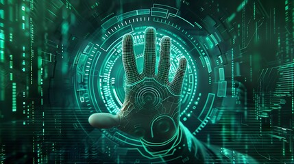 Fototapete - Futuristic illustration depicting a cybernetic hand interacting with a digital interface, showcasing the fusion of technology and humanity.