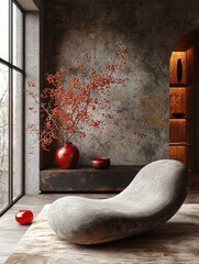 Canvas Print - Modern living room with a plush gray chair and red accents.