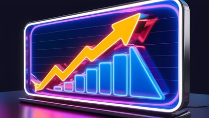 3D financial chart with a neon-lit growth arrow on a dark background. Vibrant colors and futuristic style highlight success and progress in business or financial endeavors.