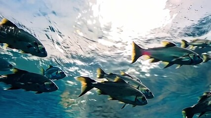 Poster - This school of fish swims gracefully in crystal clear water, illuminated by sunlight above.