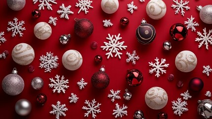 Festive christmas ornaments and snowflakes on a vibrant red background for holiday cheer