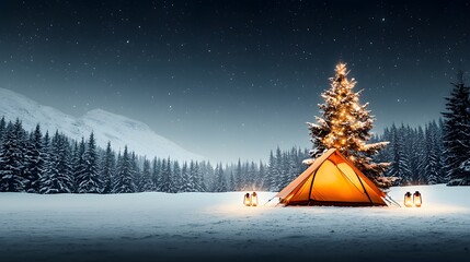 Enchanting Snowy Campsite Illuminated by a Festive Christmas Tree Under a Starry Night Sky. Christmas and Outdoor Camping Concept