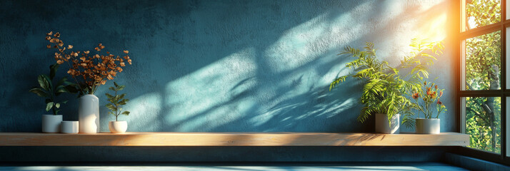 Canvas Print - Wooden shelf with potted plants against a teal wall.