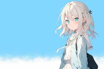 A cute girl with blue eyes and light hair in a school uniform stands against a serene blue sky background