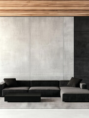 Poster - Modern living room with a sectional sofa, a wood ceiling, and concrete walls.