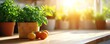 © CHONCHANOK PHOTO - A beautiful kitchen scene featuring vibrant herbs in pots and ripe tomatoes basking in warm sunlight, evoking freshness and nature.