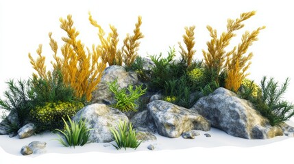 3D underwater scene with seaweed and rocks, marine ecosystem, eye level view, hyperrealistic, isolated on white background