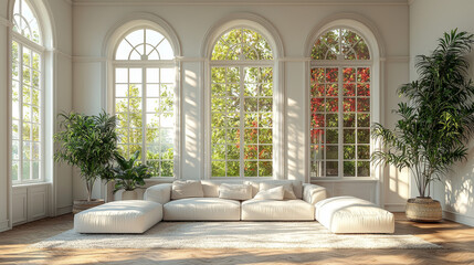 Canvas Print - A bright, airy living room with a white sectional sofa and large arched windows